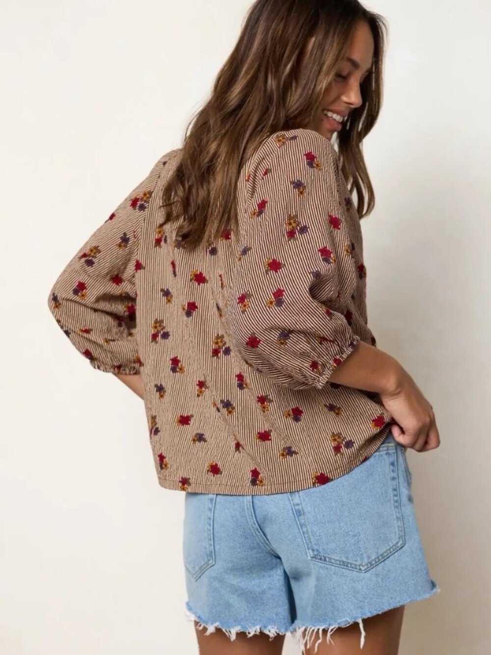 Natural Life Abby Blouse Sz XS Brown Ditsy Garden Stripe Floral Boho Peasant Top - Picture 5 of 6